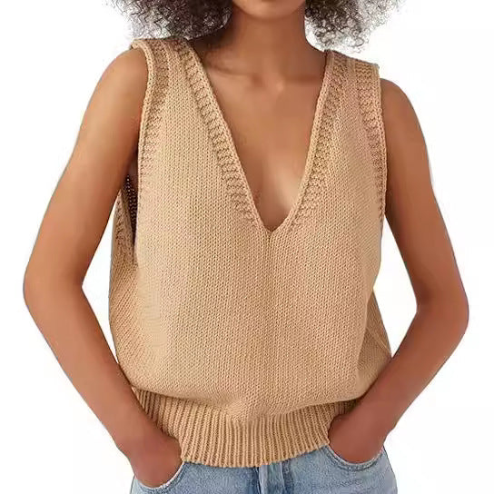 Damen Stricktop mit tiefem V-Ausschnitt und strukturiertem Abschluss EB