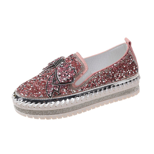 Damen Glitzernde Slip-On Sneakers mit dekorativem Schleifen- und Strass-Detail EB
