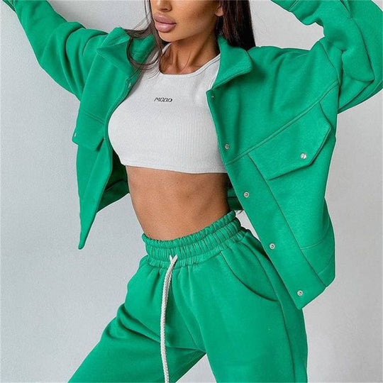Damen lässiges Fleece-Set mit praktischer Jacke und bequemen Jogginghosen EB