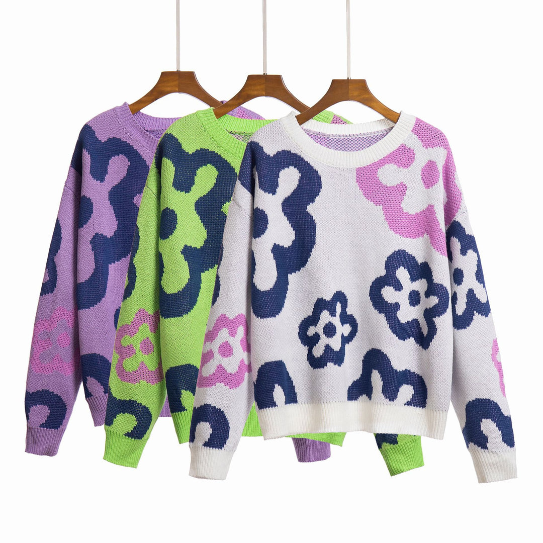 Damen Großer Strickpullover mit verspielt floralem Design EB