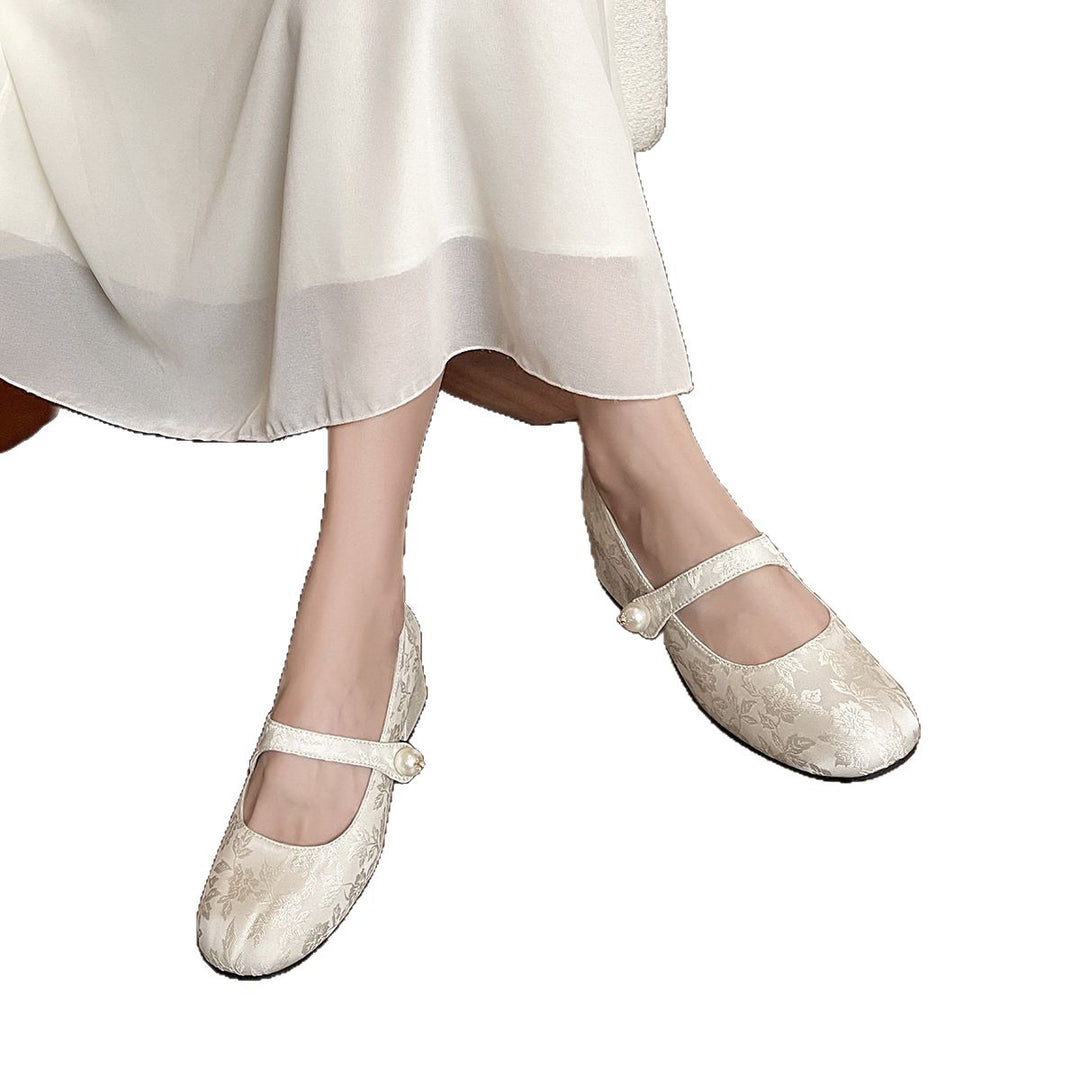 Damen elegante Mary Jane Pumps mit floralem Jacquard-Muster und bequemem Blockabsatz EB