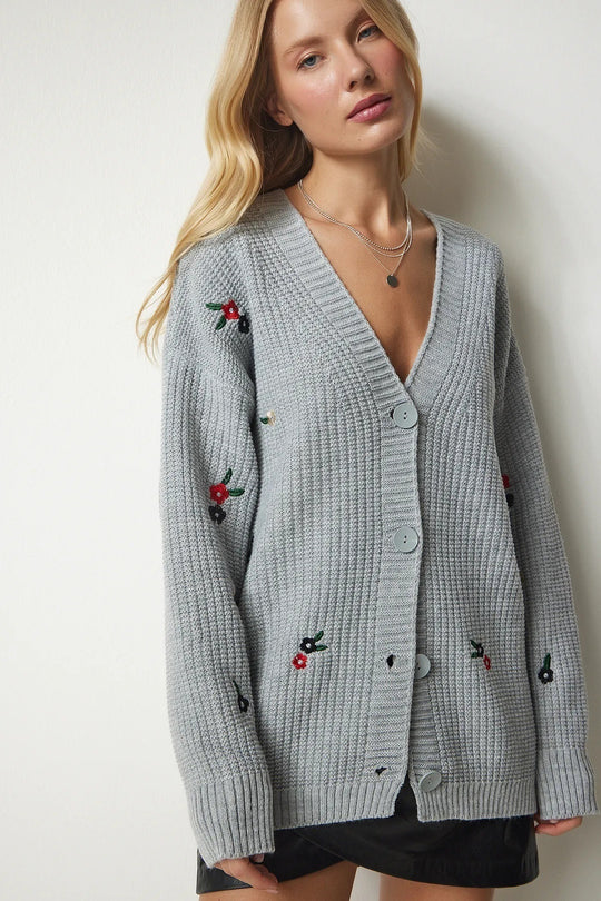 Damen Strickcardigan mit floralen Stickereien EB