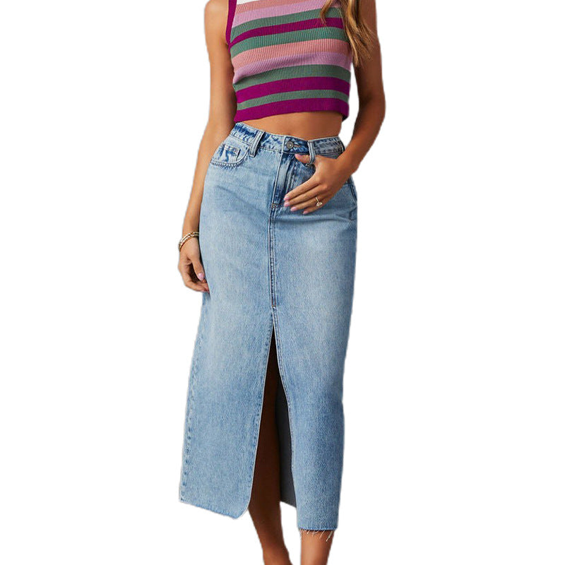 Damen Lässiger Denim Rock mit seitlichem Schlitz und fransigem Saum EB