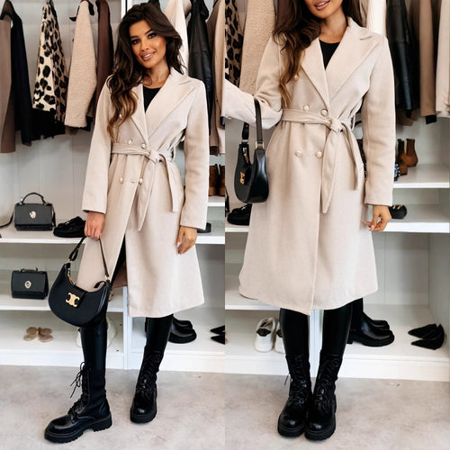 Damen eleganter Mantel mit Taillengürtel und doppelter Knopfblende EB