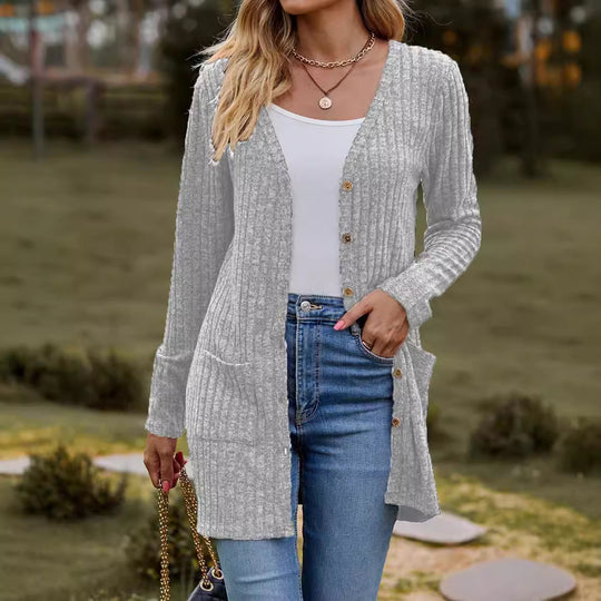 Damen nan langer gerippter Strickcardigan mit Eingrifftaschen und Holzknöpfen EB