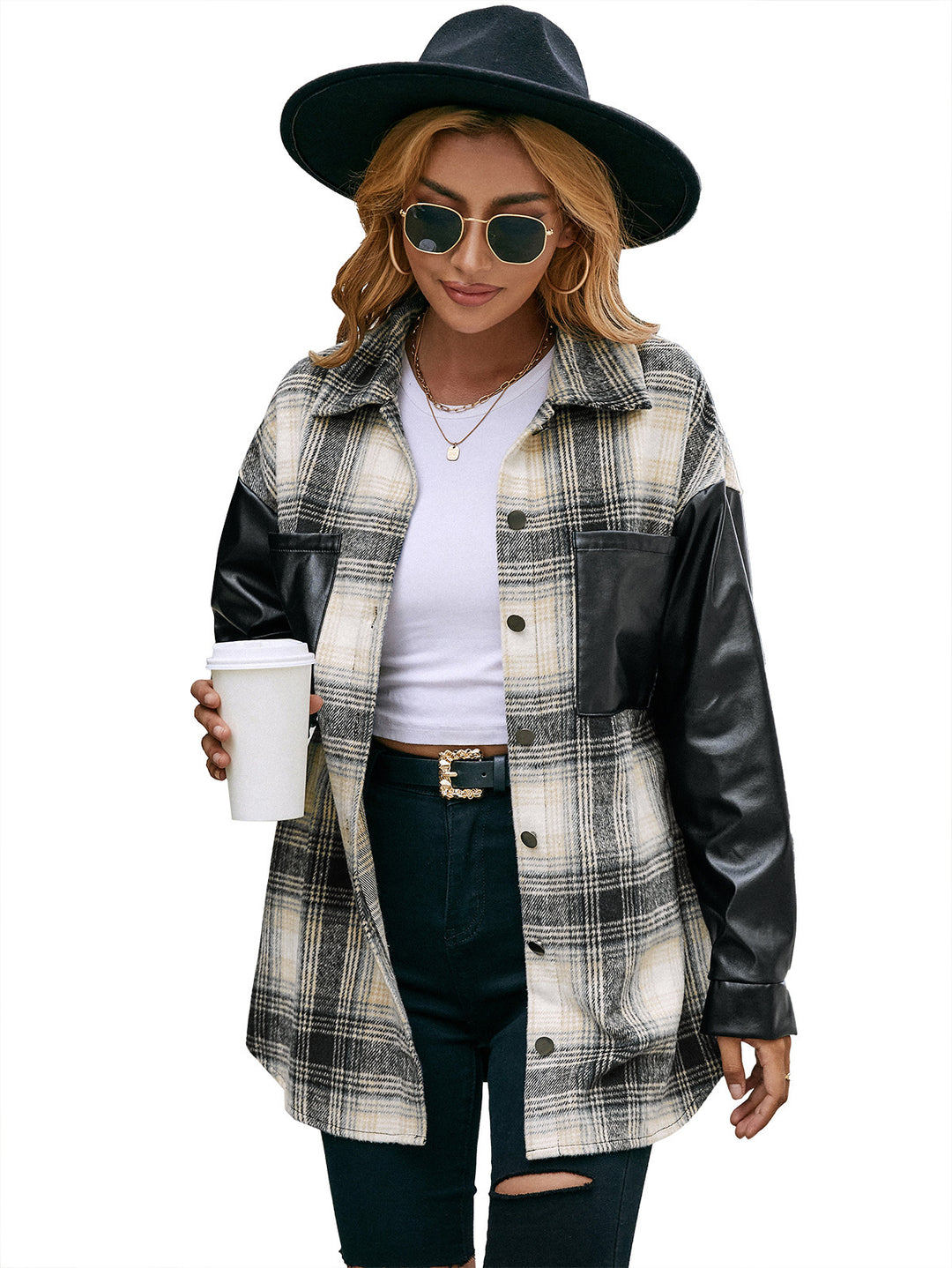 Damen Overshirt mit Kunstleder-Ärmeln und Karomuster EB
