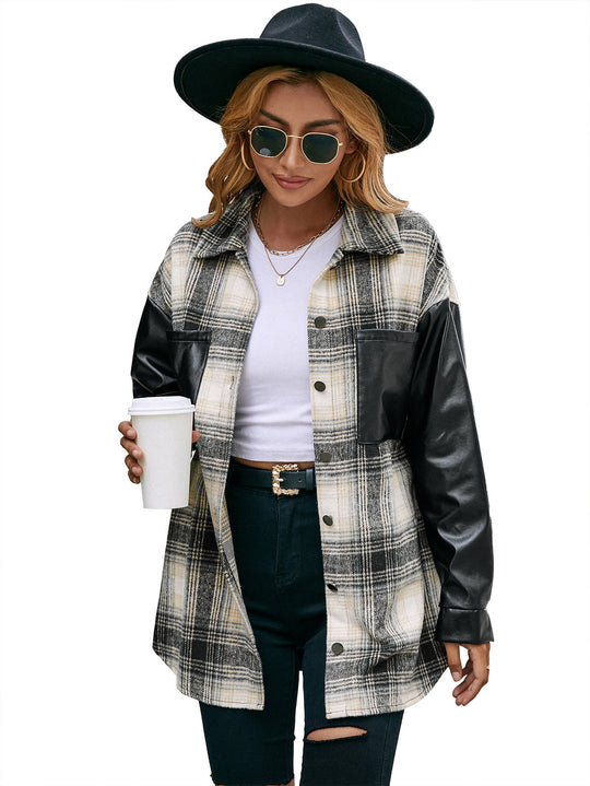 Damen Overshirt mit Kunstleder-Ärmeln und Karomuster EB