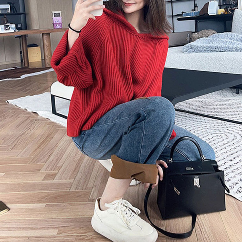 Damen lässiger Strickpullover mit Kapuze und weit geschnittenen Ärmeln EB