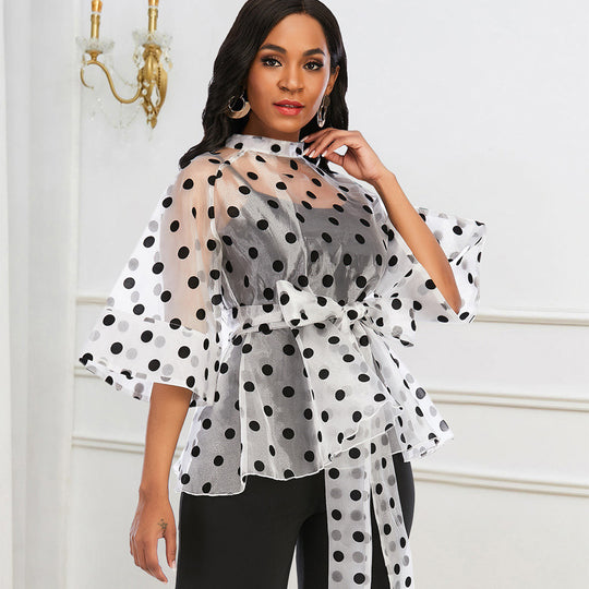 Damen Chiffonbluse mit gepunktetem Design und elegantem Taillengürtel EB