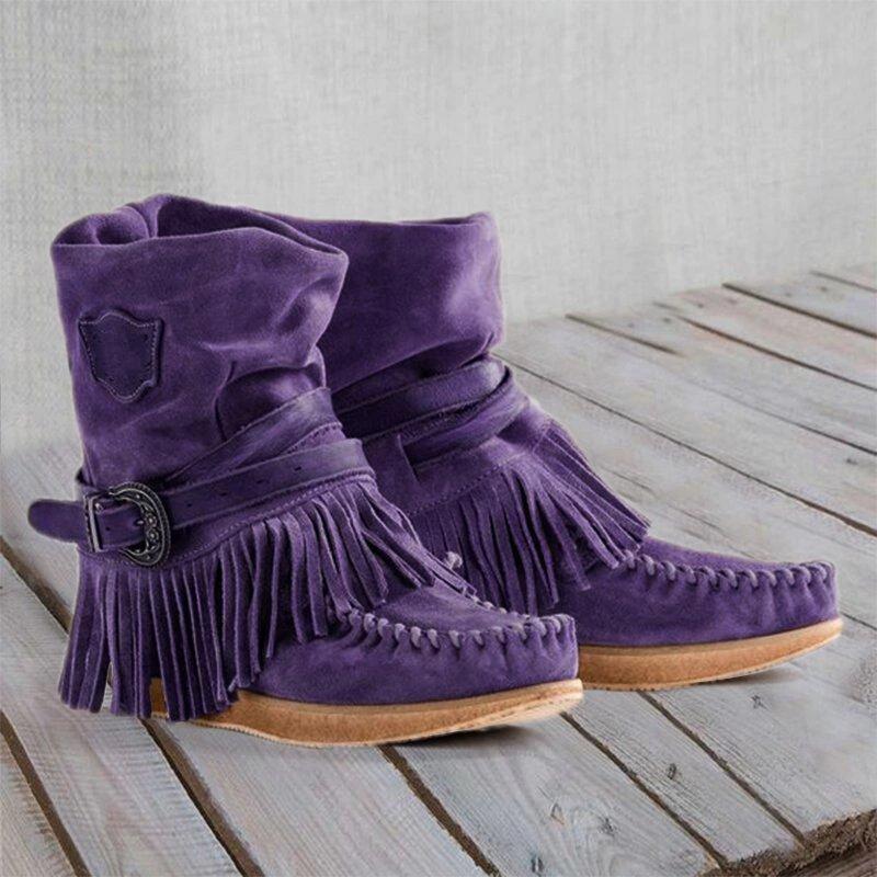 Damen Mokassin-Stiefel mit fransigen Details und modischer Schnalle EB