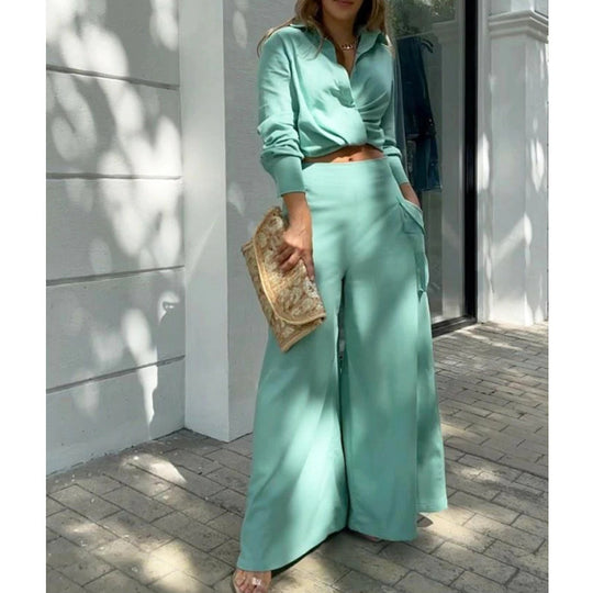 Damen Hochtaillierte weite Palazzo-Hose mit seitlicher Cargotasche und fließender Silhouette EB