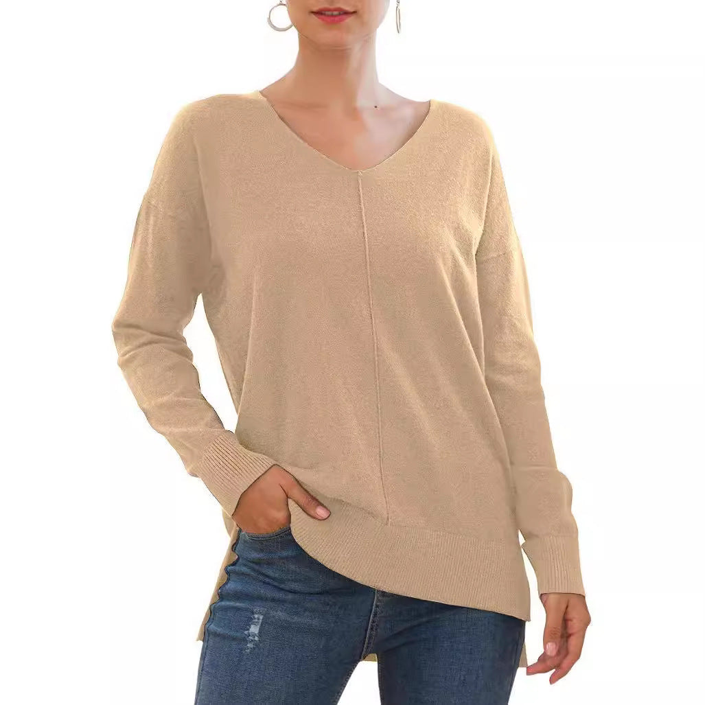 Damen eleganter V-Ausschnitt Pullover mit asymmetrischem Saum EB