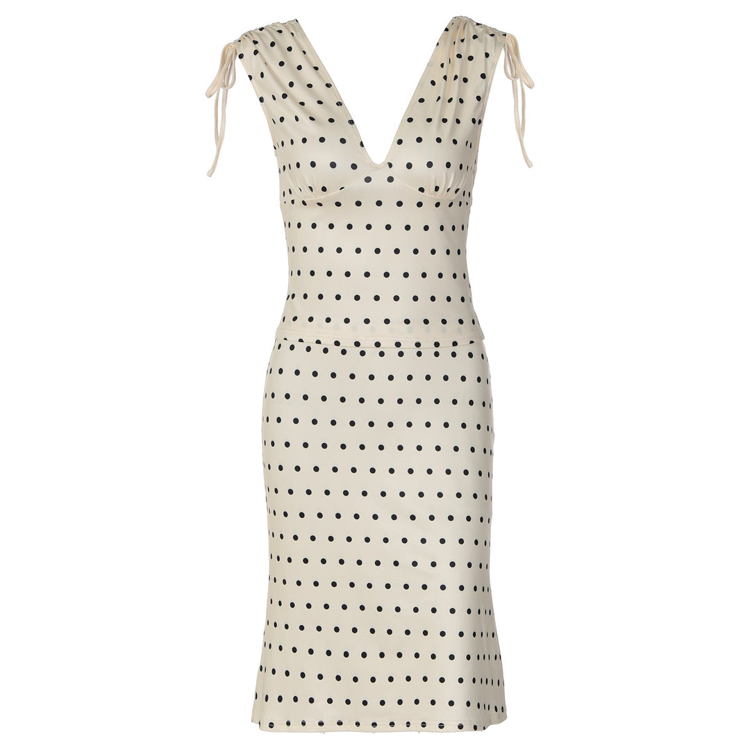 Damen Elegantes Polka-Dot Kleid mit tiefem V-Ausschnitt und verstellbaren Schulterbändern EB