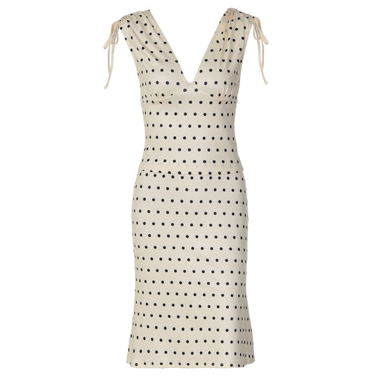 Damen Elegantes Polka-Dot Kleid mit tiefem V-Ausschnitt und verstellbaren Schulterbändern EB