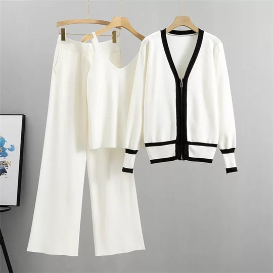 Damen lässiges Strick-Loungewear-Set mit hochwertigem Zip-Cardigan und Weitbein-Hosen EB