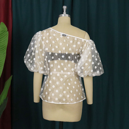 Damen Verspielte Bluse mit transparentem Polka-Punkten Design und Puffärmeln EB