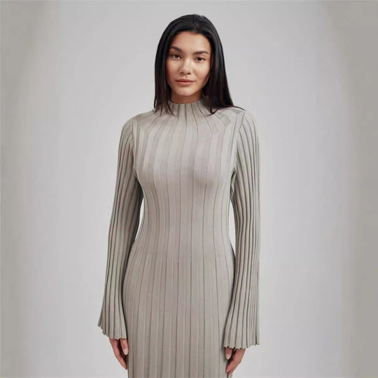 Damen Maxikleid mit elegantem Rippdesign und hochgeschlossenem Kragen EB