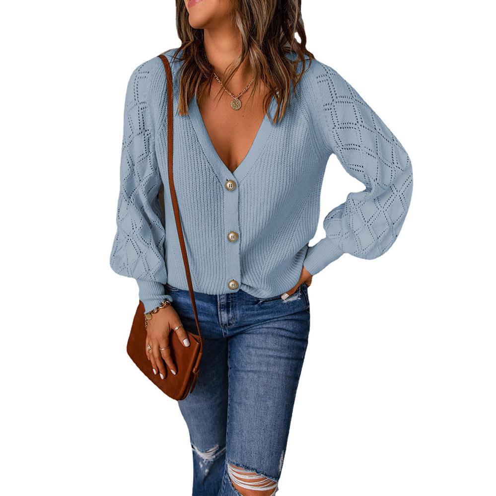 Damen Strickjacke mit V-Ausschnitt und modischen Puffärmeln EB