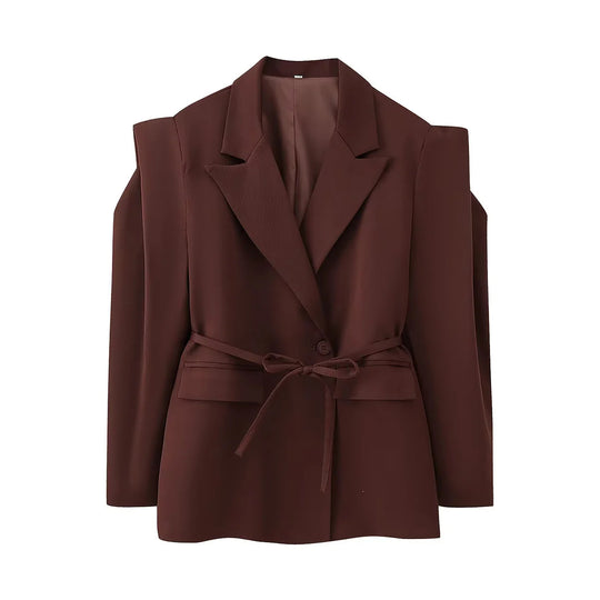 Damen elegante Oversized-Blazerjacke mit Gürtel und Schulterpolstern EB