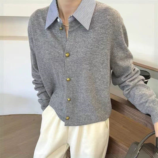 Damen Strickjacke mit Blusenkragen und Knopfdetails EB