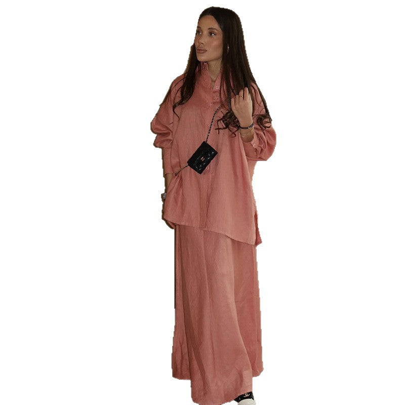 Damen elegantes Maxi-Rock-Set mit lässiger Bluse und Bindegürtel EB