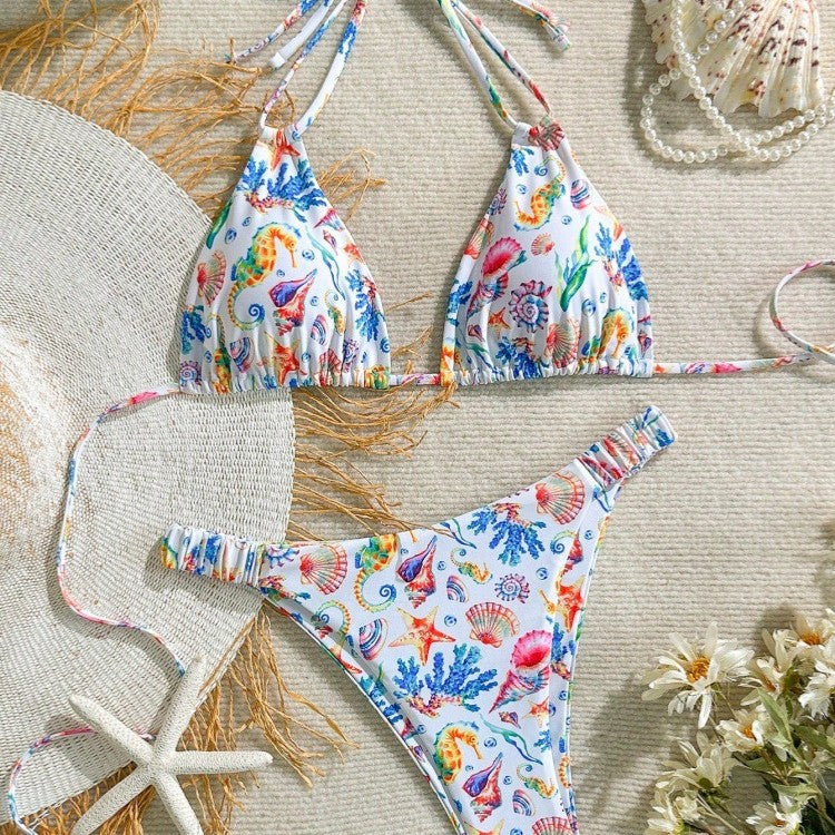 Damen Bikini-Set mit buntem Unterwasser-Motiv und verstellbaren Trägern EB