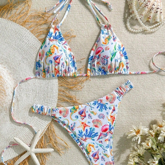 Damen Bikini-Set mit buntem Unterwasser-Motiv und verstellbaren Trägern EB