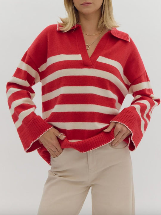 Damen kuschelige Strickpullover mit modernem Streifenmuster und V-Ausschnitt EB
