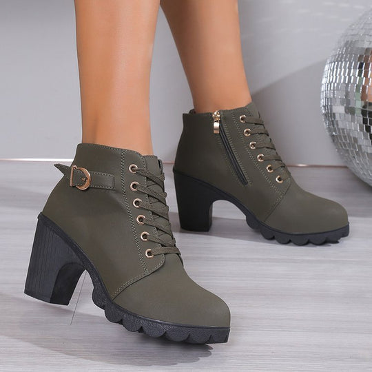 Damen Schnürstiefeletten mit Blockabsatz und Reißverschluss EB