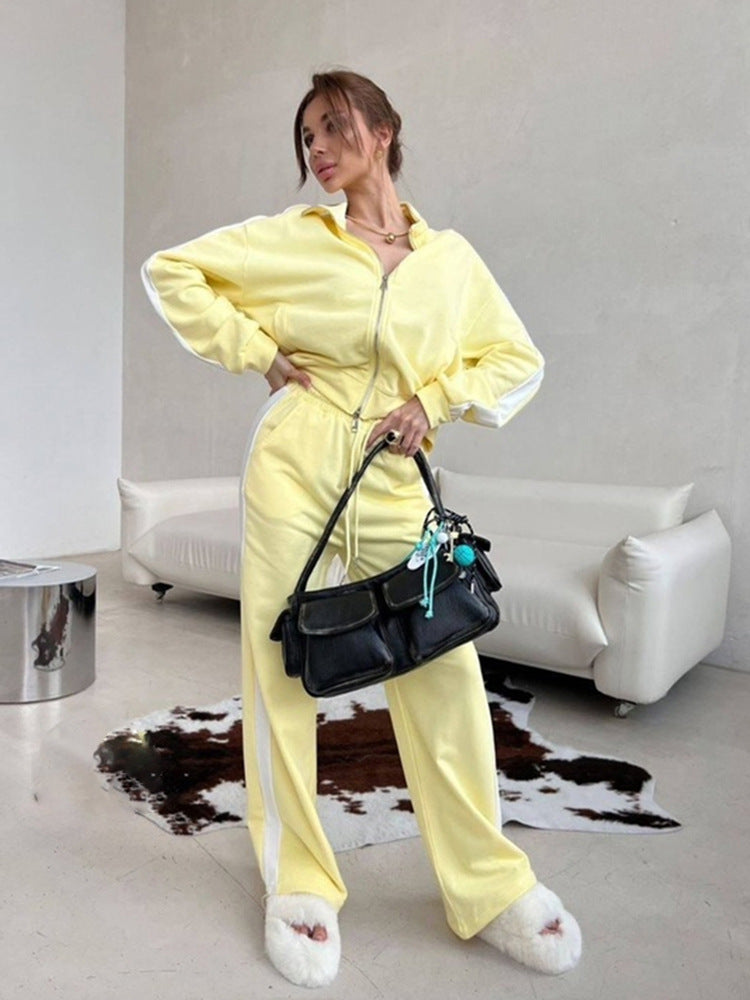 Damen Velours-Loungewear-Set mit Stehkragen, Zip-Jacke und weitem Palazzo-Hosenbein EB