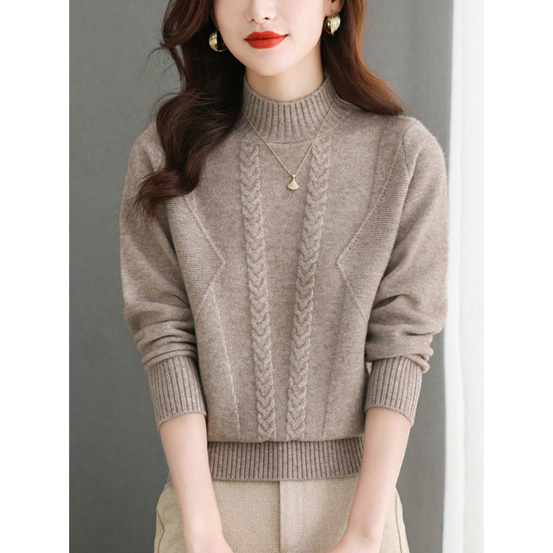 Damen Grobstrickpullover mit elegantem Zopfmuster und hohem Kragen EB
