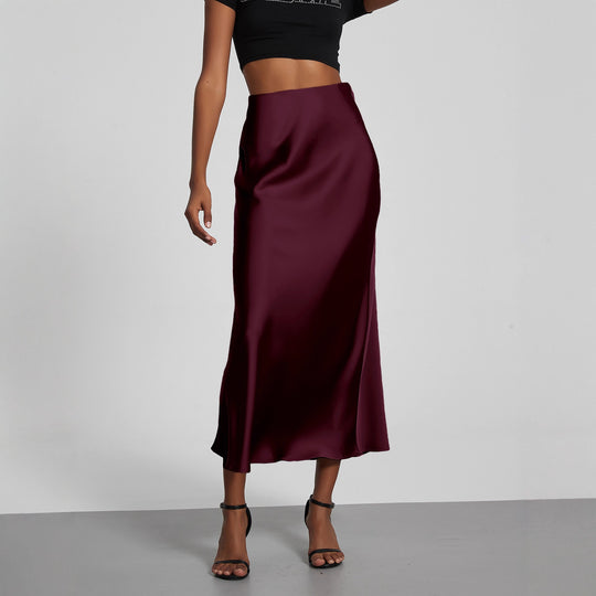 Damen Stilvolle Satin-Stretchrock mit hohem Bund und fließendem Schnitt EB