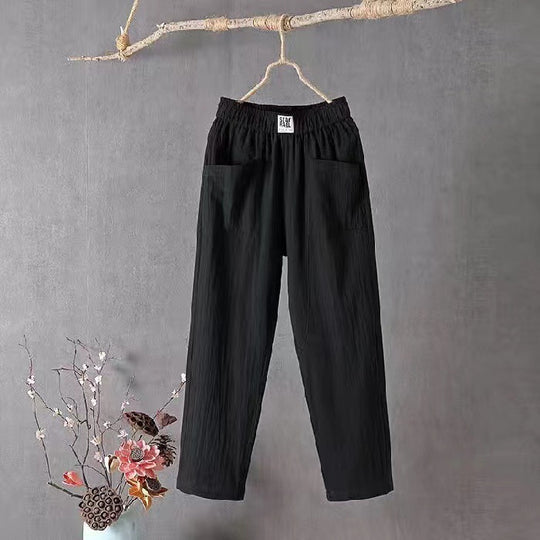 Damen nan lässige Leinenmix-Hose mit elastischem Bund, geradem Bein und großen aufgesetzten Taschen EB