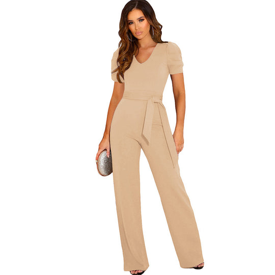 Damen Eleganter Jumpsuit mit Taillengürtel und Puffärmel EB