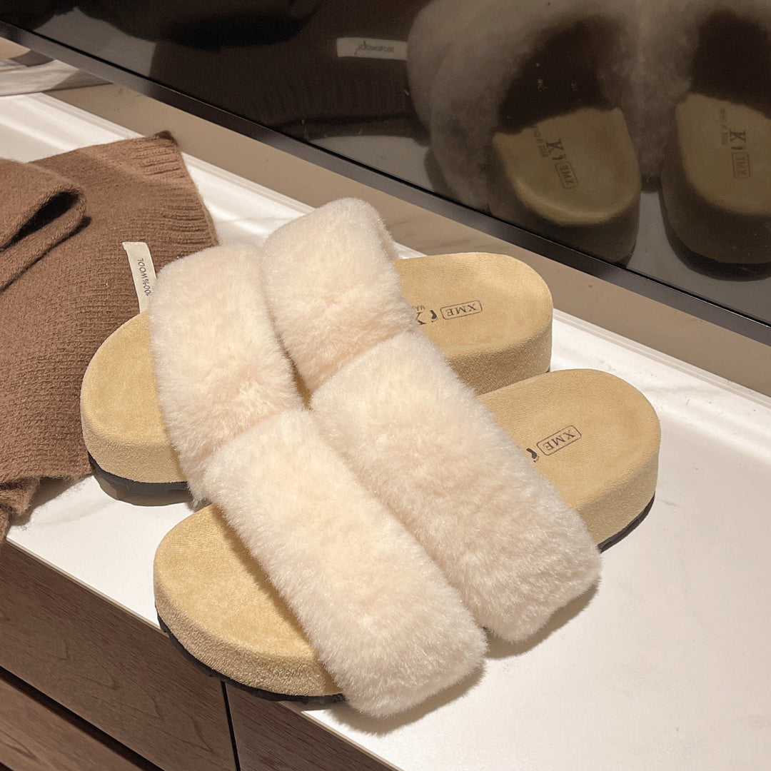 Damen Flauschige Slide-Pantoletten mit breiten Riemen und komfortablem Fußbett EB