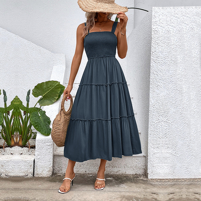 Damen Midikleid mit elastischem Oberteil und fließendem Rock EB