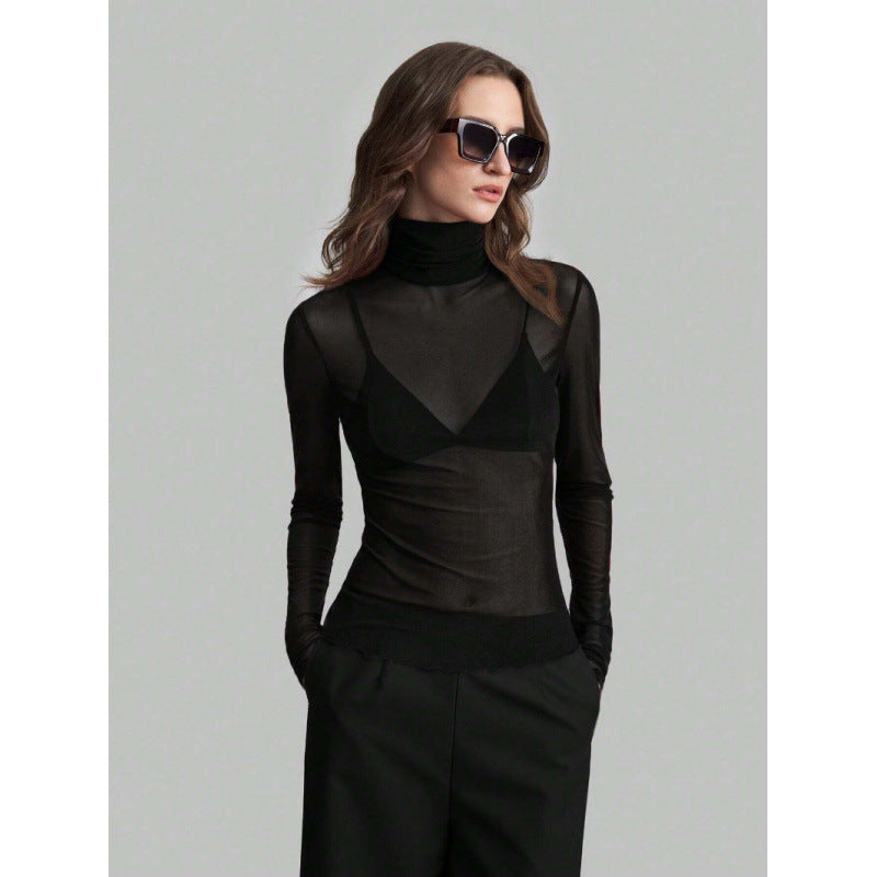 Damen Elegantes langärmliges transparentes Oberteil mit hohem Kragen EB