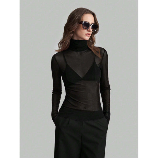 Damen Elegantes langärmliges transparentes Oberteil mit hohem Kragen EB