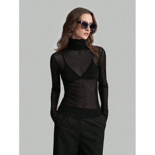 Damen Elegantes langärmliges transparentes Oberteil mit hohem Kragen EB