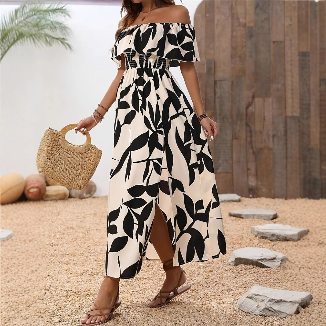 Damen Off-Shoulder Maxikleid mit floralen Mustern und elastischem Taillenband EB