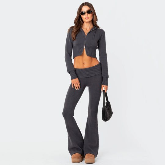 Damen Cropped Strick-Set mit hoher Taille und weitem Bein EB