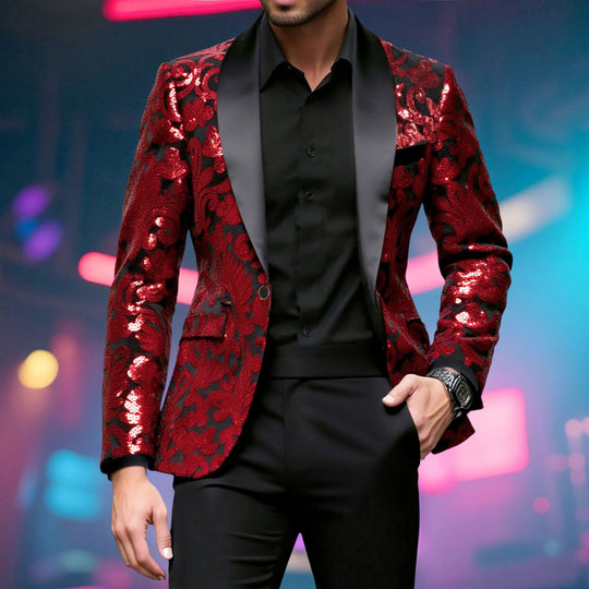 Herren glamouröser Pailletten-Blazer mit floralem Design und elegantem Schnitt EB