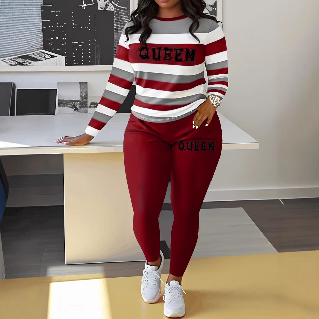 Damen Sportliches Zweiteiler-Set mit gestreiftem Oberteil und leggings EB