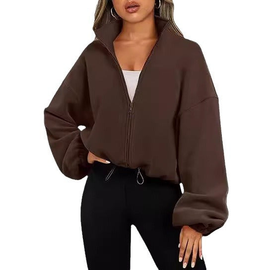 Damen Zip-Hoodie mit hohem Kragen und kontrastierenden Ärmeln EB