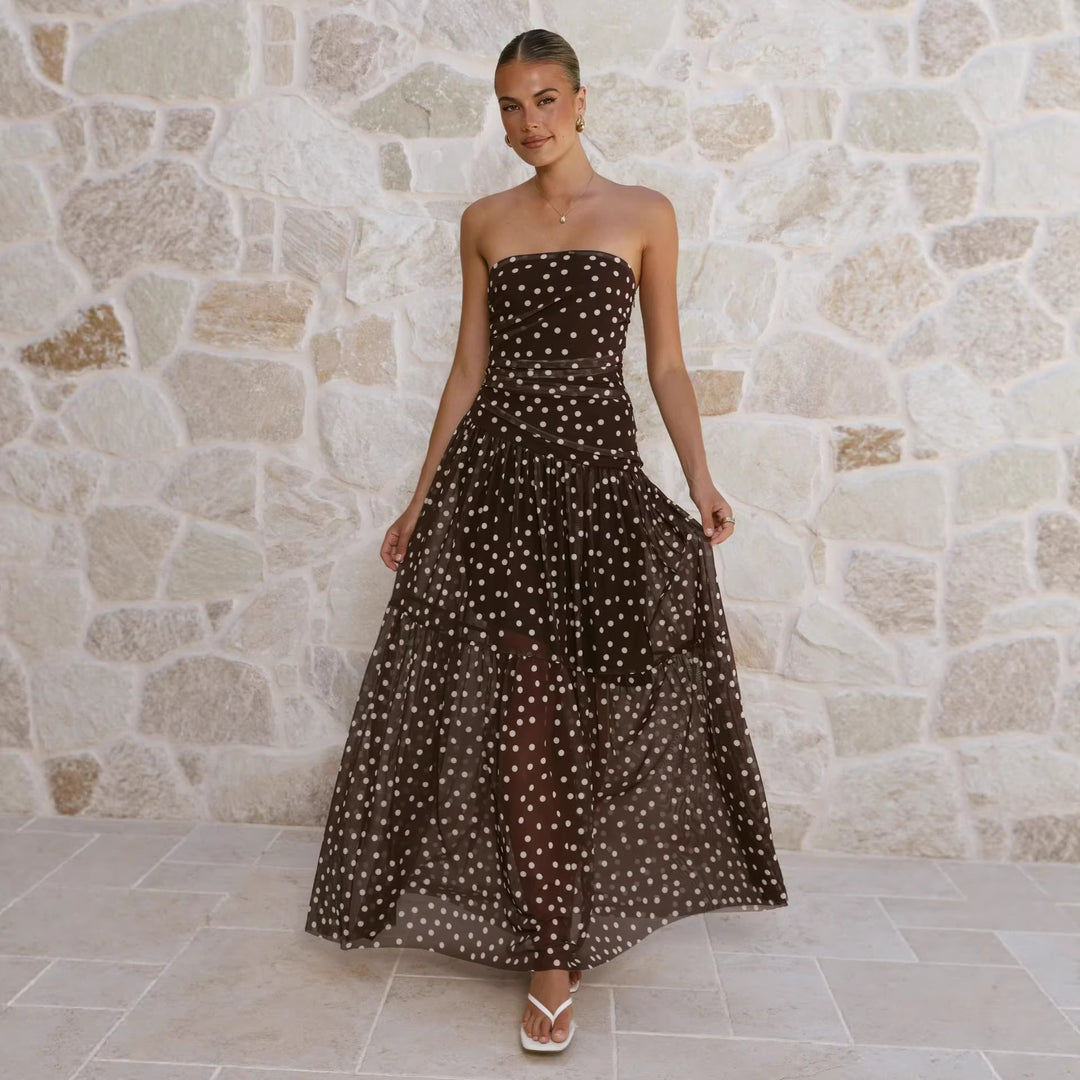 Damen Maxikleid mit schulterfreiem Schnitt und verspieltem Punktenmuster EB
