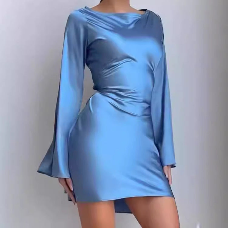 Damen Elegantes Wickelkleid mit glattem Stoff und weit geschnittenen Ärmeln EB