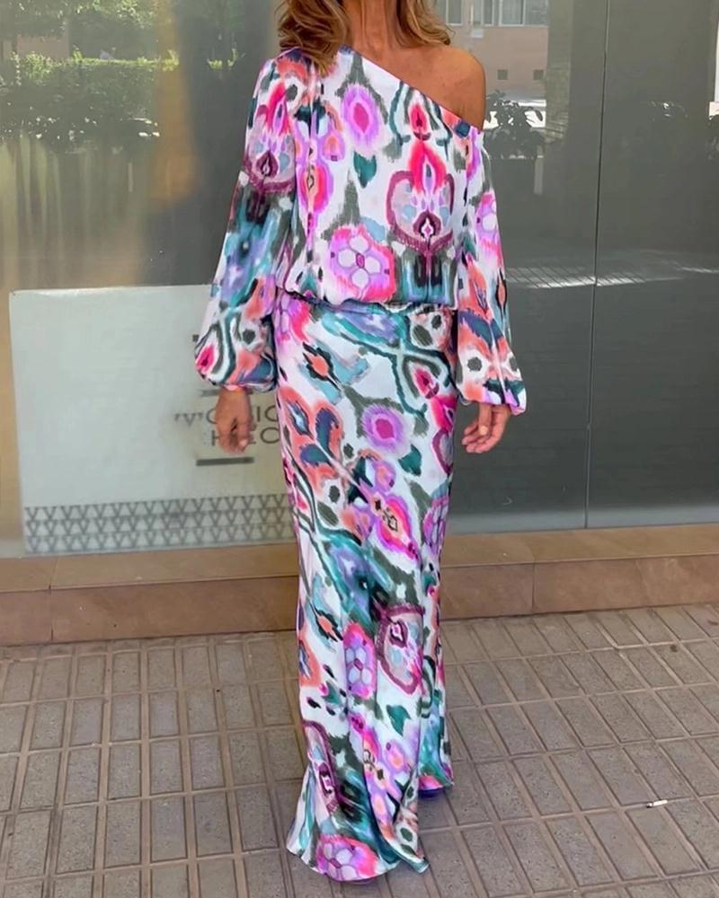 Damen Elegantes Maxikleid im grafischen Batikdesign mit Off-Shoulder-Ausschnitt und voluminösen Ärmeln EB