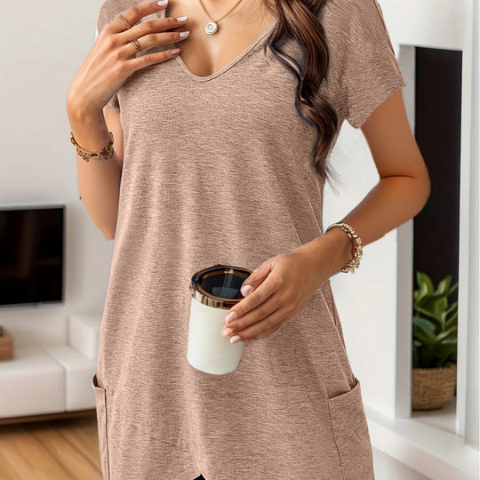 Damen Bequemes V-Ausschnitt T-Shirt mit praktischen Taschen EB