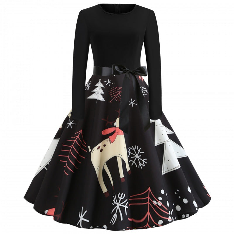 Damen festliches A-Linien Kleid mit weihnachtlichem Rentier-Print und Satin-Taillenband EB