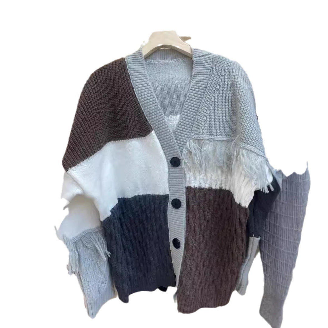 Damen grob gestrickter Cardigan mit modischem Farbblockdesign und Knopfleiste EB